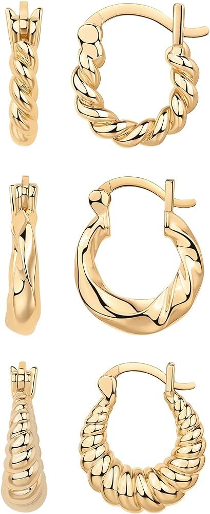 PAVOI 14K Gold Plated Sterling Silver Posts 3 Pairs Rope Twisted Hoop Earrings Set | Three Chunky... | Amazon (US)