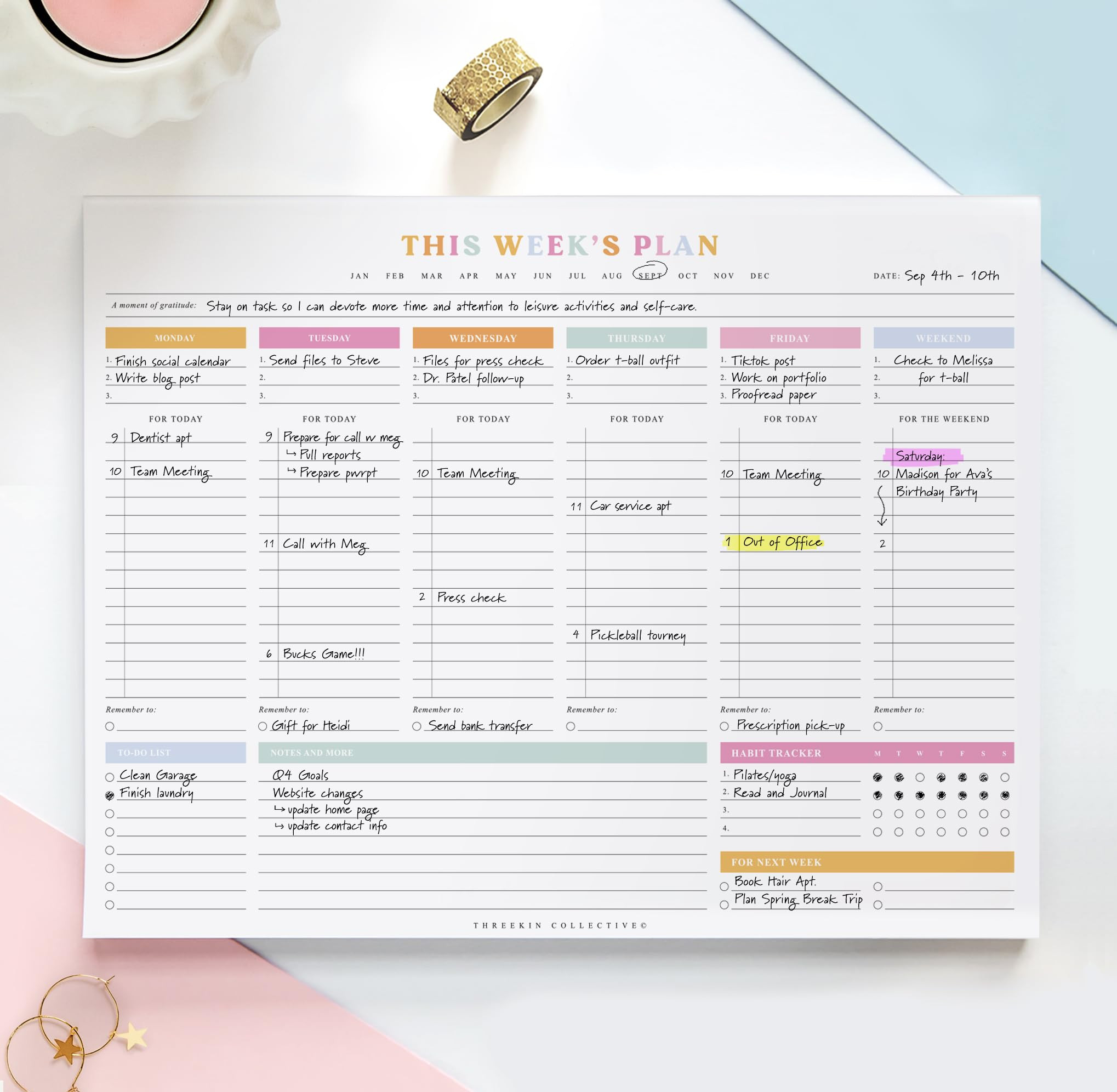 ThreeKin Weekly Planner - Premium 52-Sheet Tear-Off Notepad, 8.5 x 11 inches, Clean Colorful Desi... | Amazon (US)