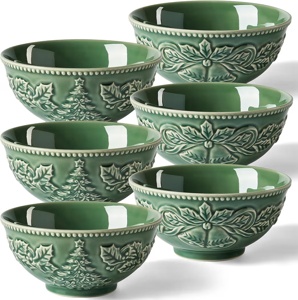 Christmas Tree Ceramic Bowls, 26 Oz Cereal Bowls for Kitchen, Green Embossed Soup Bowls for Desse... | Amazon (US)