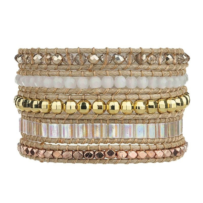 Gold Crystals with Opal Miyuki Beads on Natural | Victoria Emerson