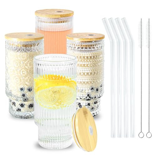 Icesip 16 oz Glass Coffee Cups with Lids and Straw Vintage Glassware Set | Amazon (US)