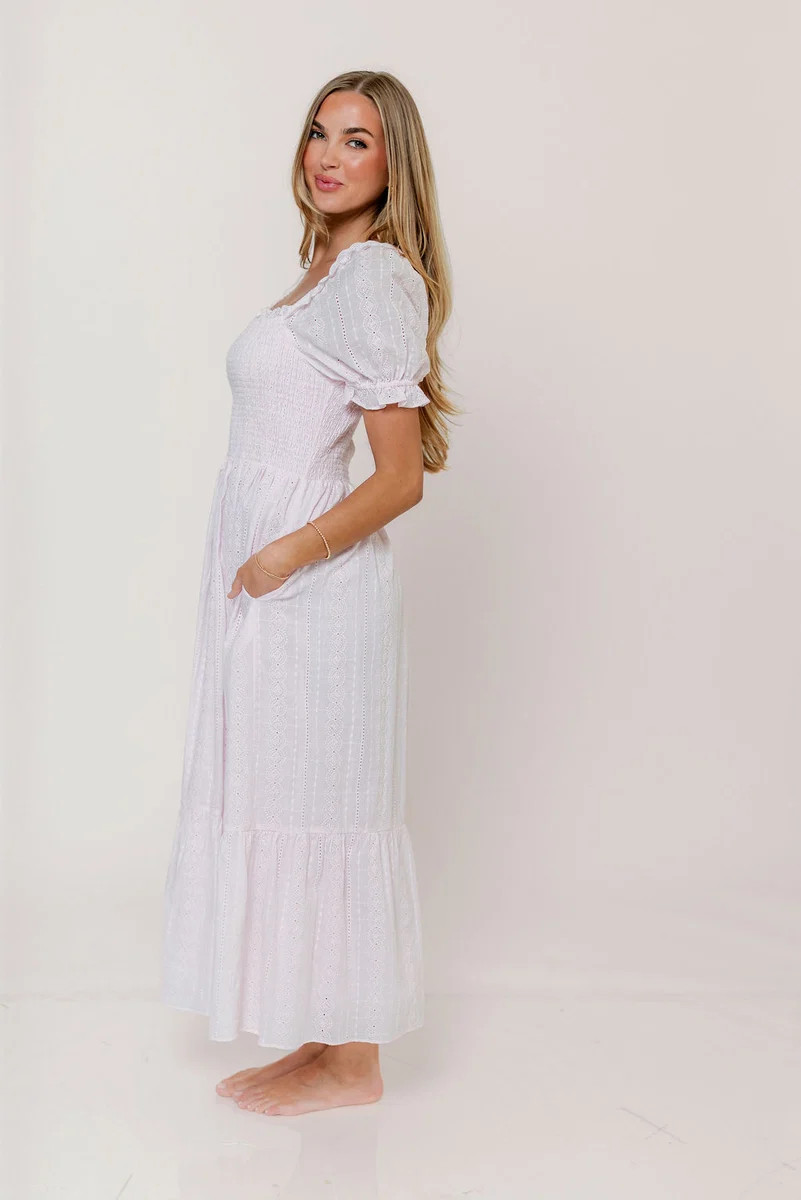 Abigail Smocked Eyelet Lace Maxi Dress in Pink Salt | Worth Collective