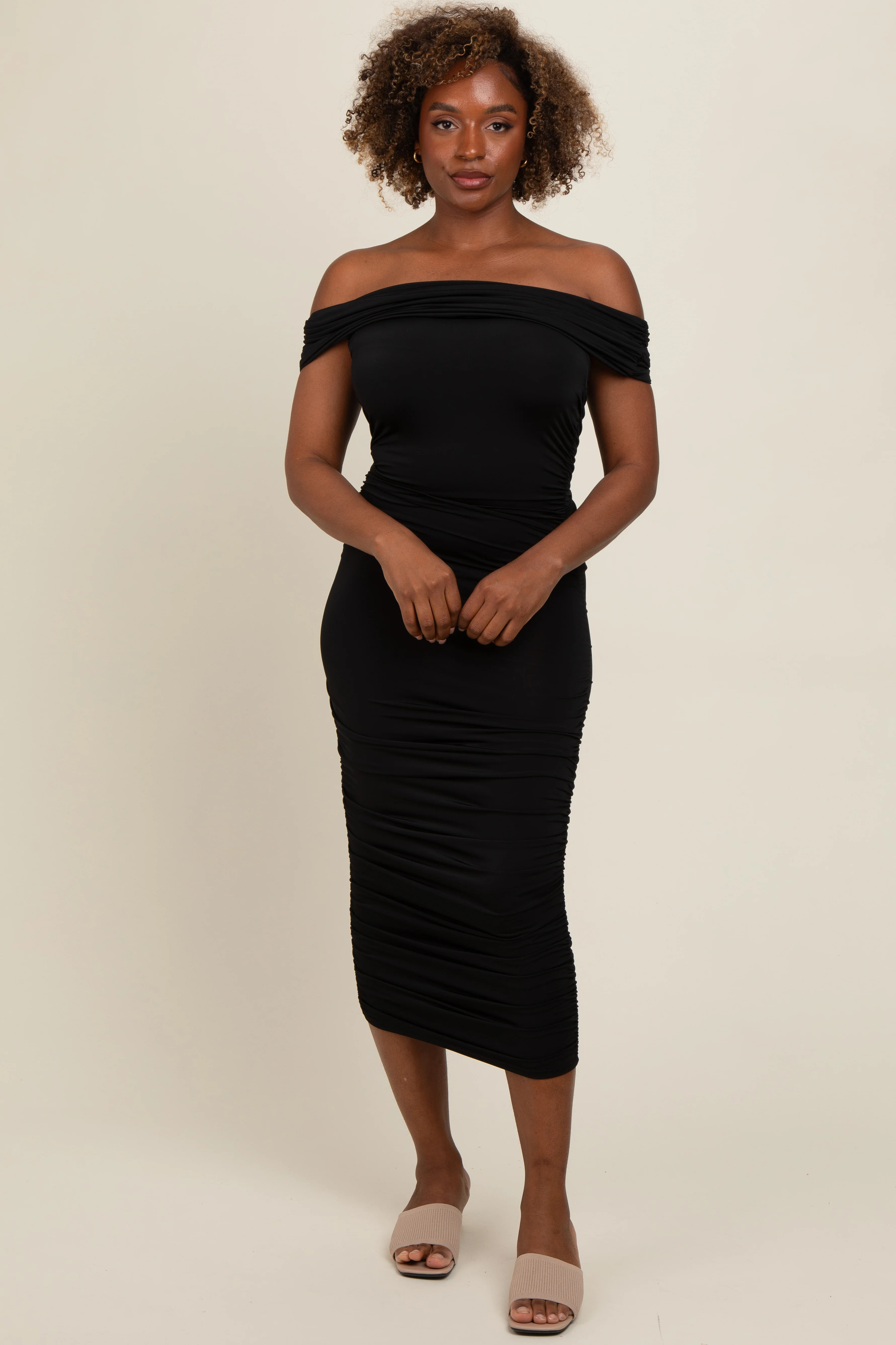 Black Off Shoulder Ruched Midi Dress | PinkBlush Maternity