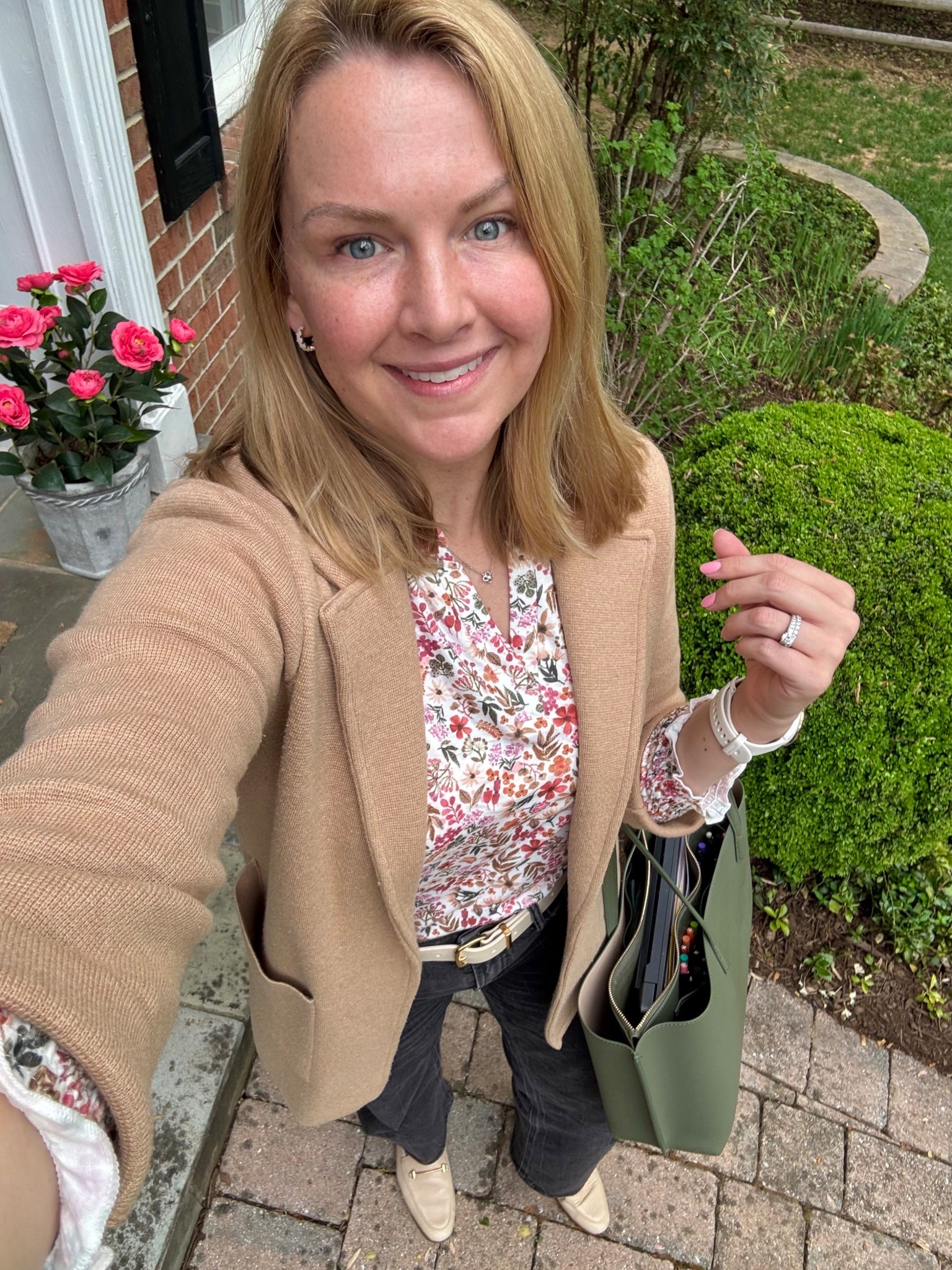 Casual spring work outfit 

Sweater blazer is old J Crew
Floral top is an Amazon find, 3/4 sleeves, loose fit and comfy! True to size
Washed black wide leg jeans fit true to size

Work bag has three compartments, fits laptop and notebook.. plus more! Lots of pockets.

#LTKWorkwear #LTKSeasonal
