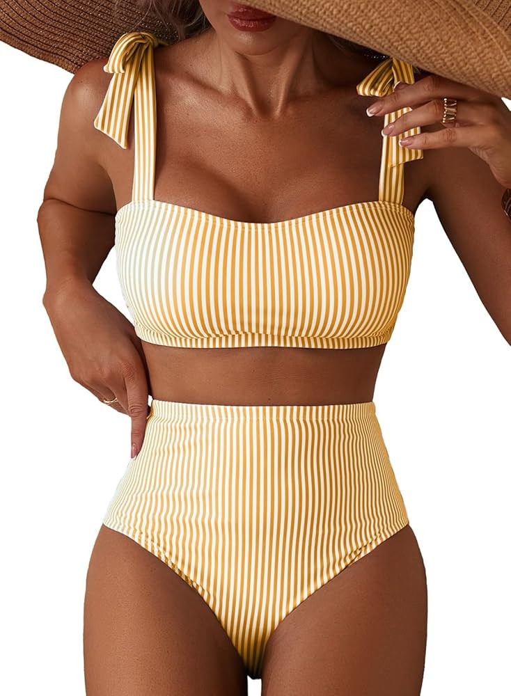 Herseas Women's Tie Shoulder Bikini Sets 2 Piece Striped Swimsuits High Waisted Bathing Suits | Amazon (US)