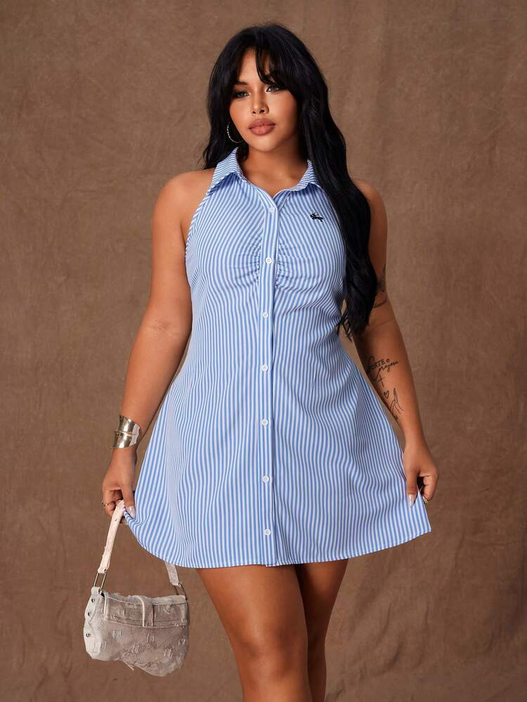 Rustia Plus Size Women Casual Striped Button Sleeveless Dress | SHEIN