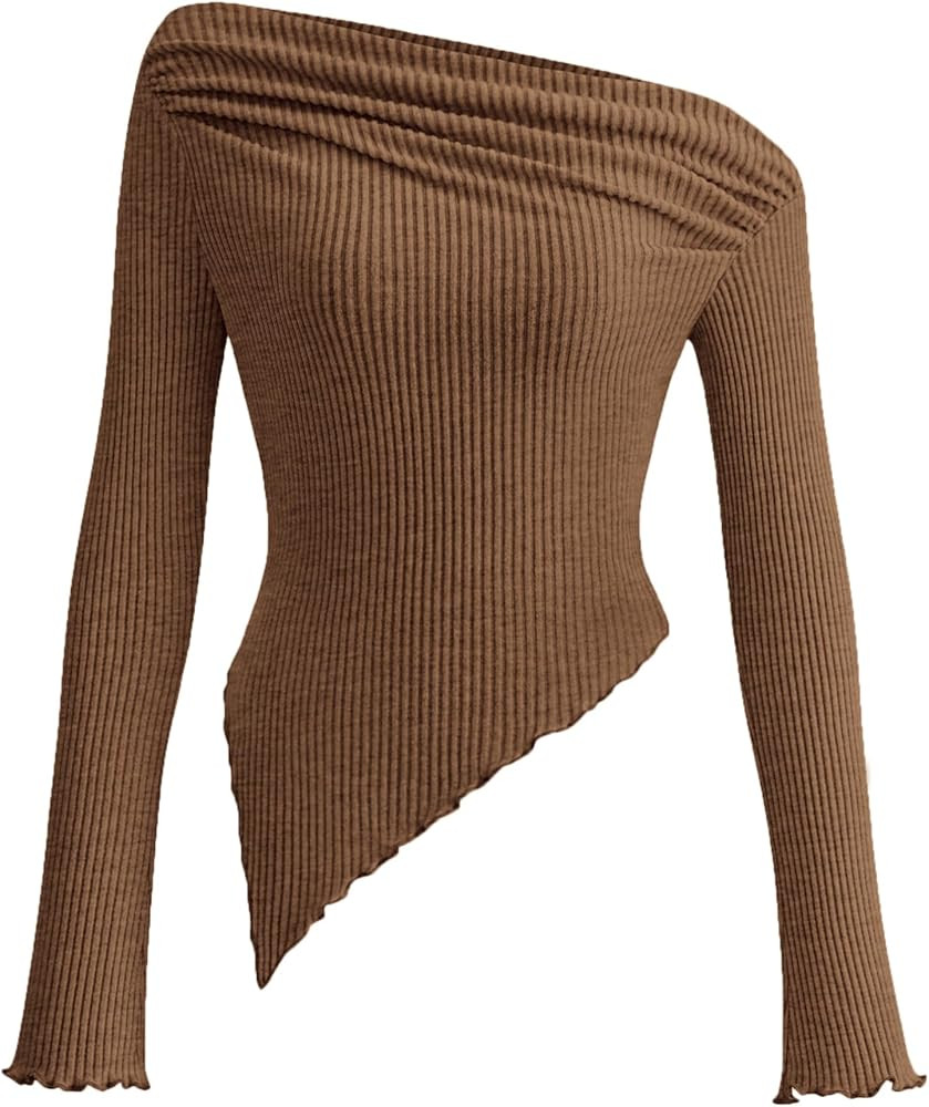 PRETTYGARDEN Women's Long Sleeve Y2K Crop Top Trendy Off Shoulder Asymmetrical Fitted Knit Tee Sh... | Amazon (US)