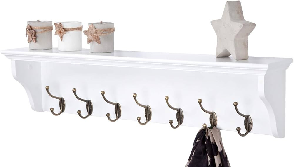 Elegant Brands Wall Mounted Coat or Towel Rack with Shelf, White Wooden and 7 Double Hooks suit h... | Amazon (UK)