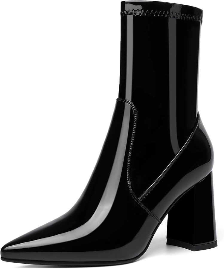 AUMOTED Women Block Heel Ankle Boots Chunky High Heel Short Boots Pointed Toe Side Zipper Ankle B... | Amazon (US)