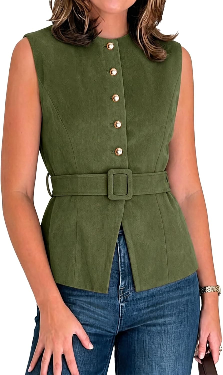 Cicy Bell Women Suede Button Down Vest Crew Neck Fitted Tank Tops With Belt | Amazon (US)