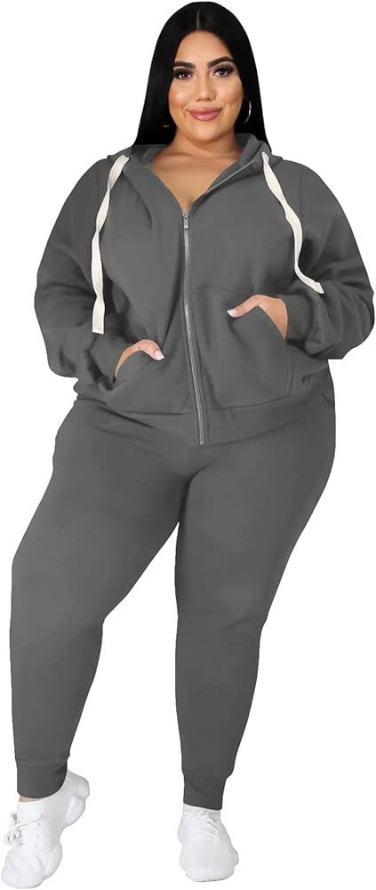 YeGine Womens Plus Size Two Piece Outfits Sweatsuits Casual Long Sleeve Set With Pockets | Amazon (US)
