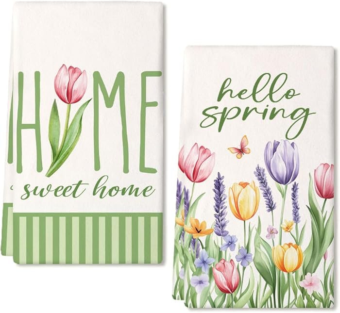 Tulip Hello Spring Kitchen Towels Set of 2,Green Floral Dish Hand Towels Farmhouse Indoor Outdoor... | Amazon (US)