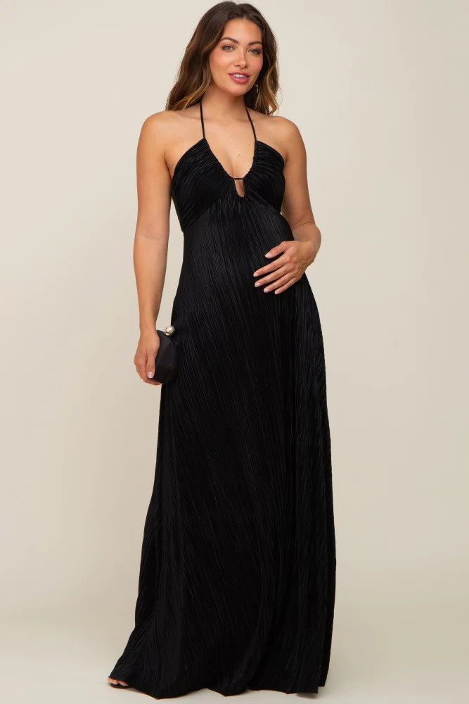 Black Plisse Halter Back Tie Maternity Maxi Dress | PinkBlush Maternity