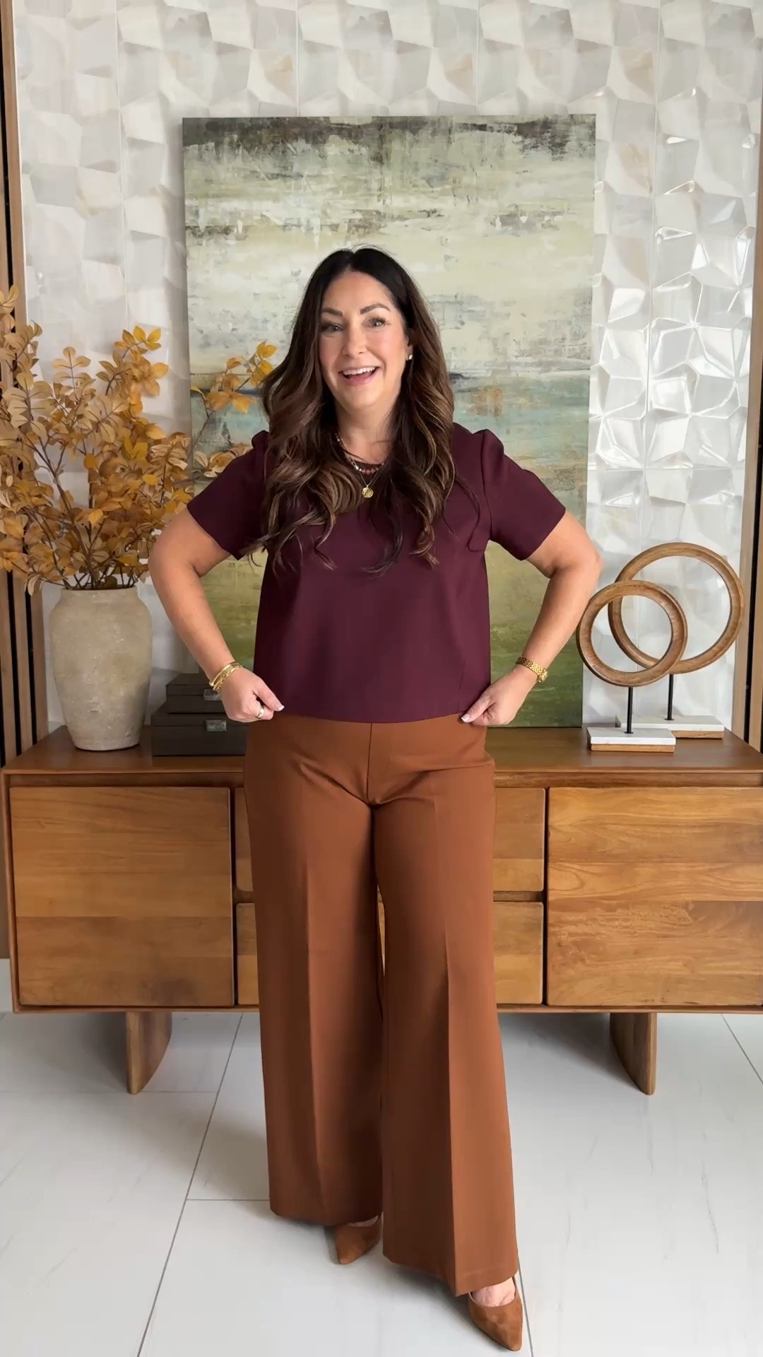 Fall workwear color combo perfection 🍷🤎 Love this burgundy top with the wide leg ponte pants for an easy office look that’s polished without feeling stuffy. | Wearing pants size up if in-between XL Petite, Top, L 

use code LTK20 for 20% off @Spanx on 9/25 & 9/26

#LTKOver40 #LTKMidsize #LTKWorkwear
