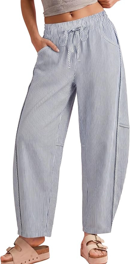 Athlisan Women's Striped Barrel Pants Casual Drawstring Elastic Waisted Wide Leg Baggy Jeans with... | Amazon (US)