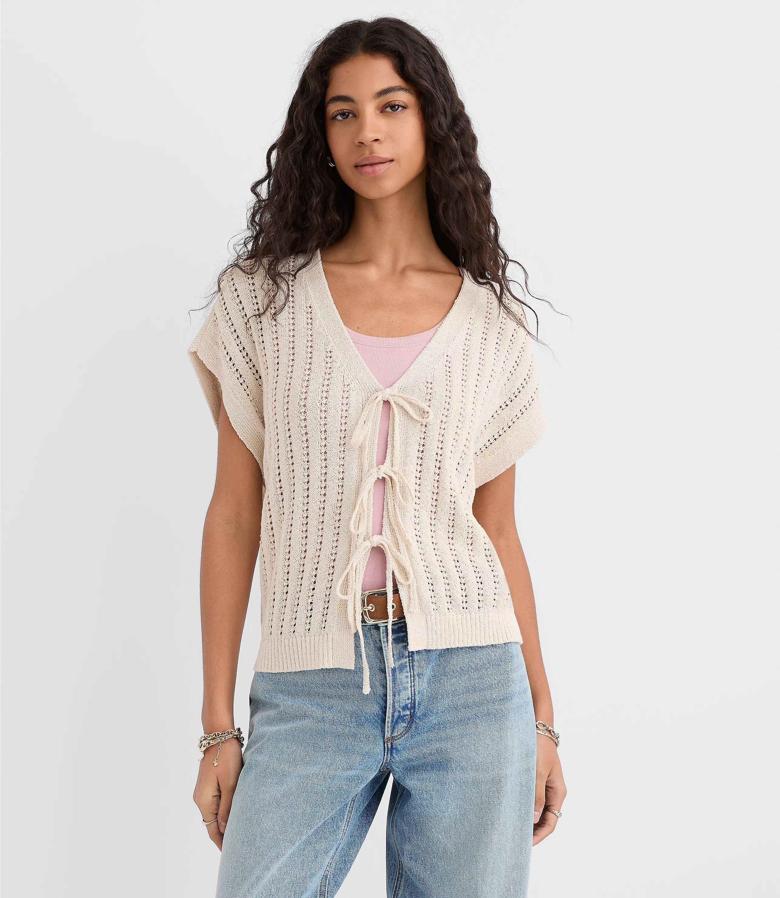 Pointelle Bow Wedge Sweater | LOFT