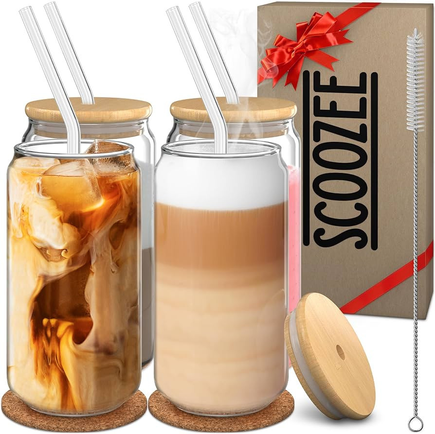 Scoozee Glass Cups with Bamboo Lids and Straws (18oz, Set of 4) Iced Coffee Cup | Aesthetic Cute ... | Amazon (US)