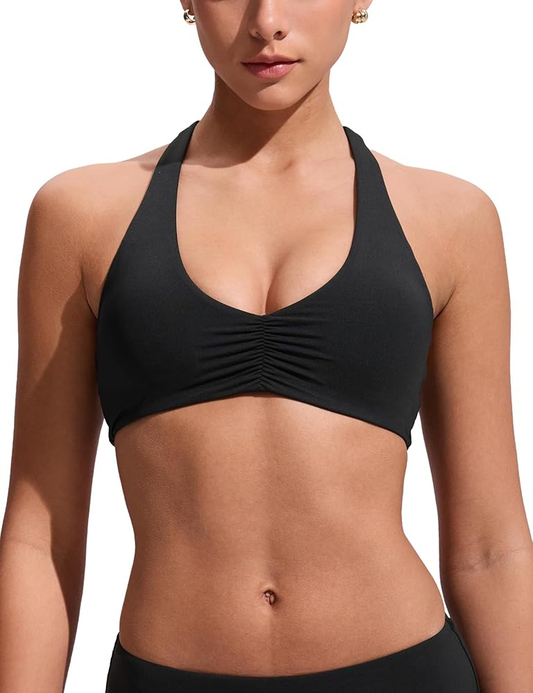 CRZ YOGA Womens Ruched Front Halter Bikini Tops - Swim Bathing Suit Scoop Neck Backless Swimsuit Padded | Amazon (US)