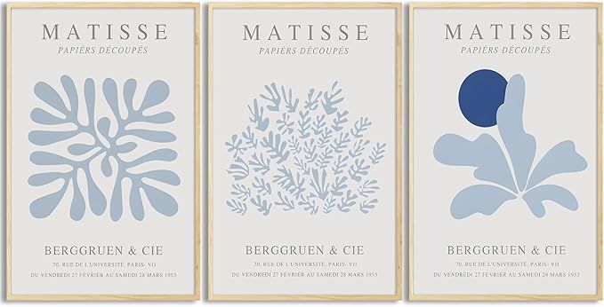 Bwodke Blue Matisse Plant Leaves Canvas Wall Art Print Poster Set of 3 Flower Market Abstract Aes... | Amazon (US)