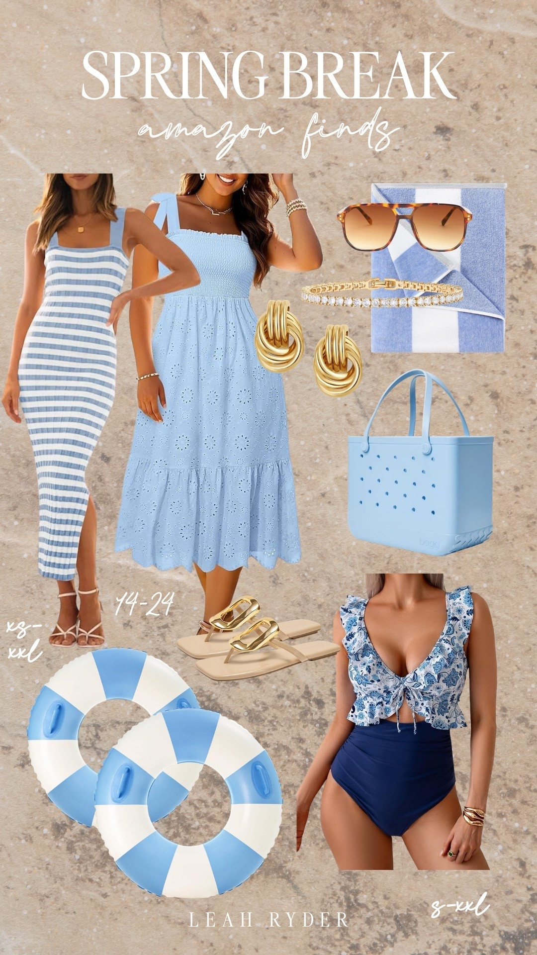 Spring break Amazon finds featuring vacation outfits, swimsuits, beach accessories, and warm weather fashion essentials. This roundup includes blue sundresses, striped maxi dresses, bikinis, oversized tote bags, sunglasses, and statement jewelry perfect for beach trips and tropical vacations. If you’re planning a spring break trip or summer getaway, these Amazon vacation outfits and accessories are perfect for beach days and resort style.

#LTKTravel #LTKPlusSize #LTKSwim