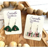 Christmas Holiday Knit Reindeer Sweater Polymer Clay Earrings - Green Or Striped | Etsy (US)