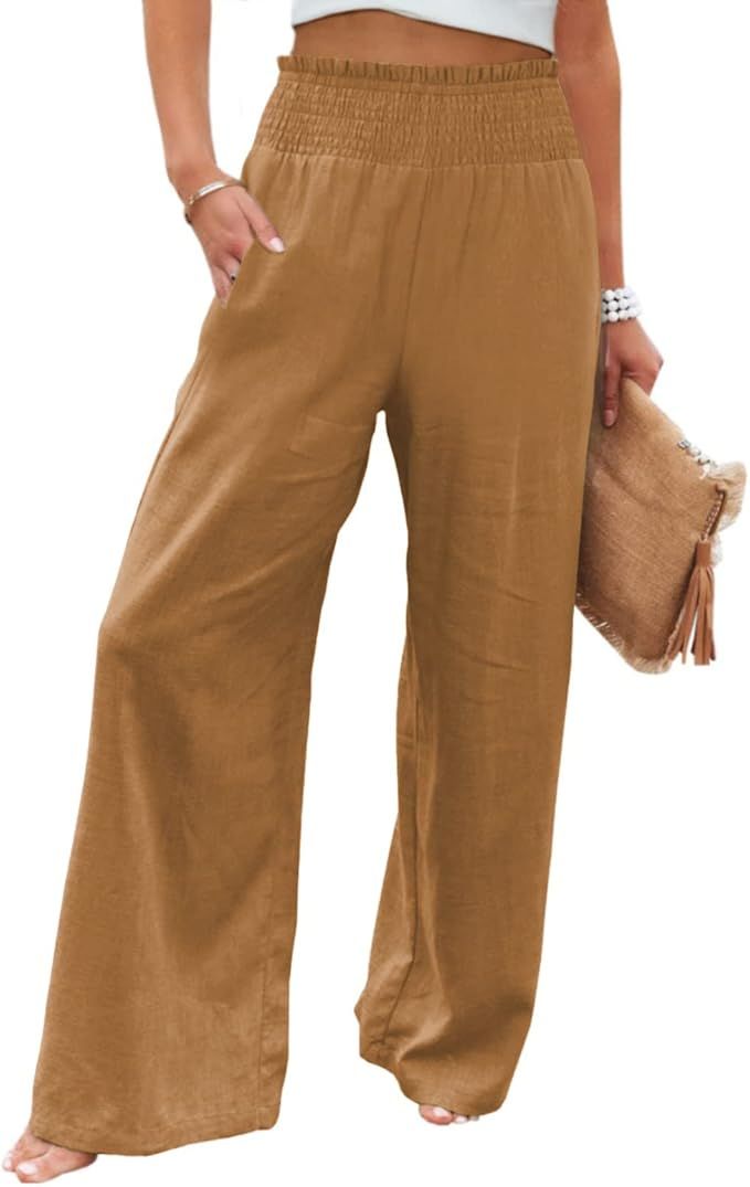 Women Wide Leg Pants High Waisted Cotton Palazzo Pants Work Long Trousers with Pockets | Amazon (US)