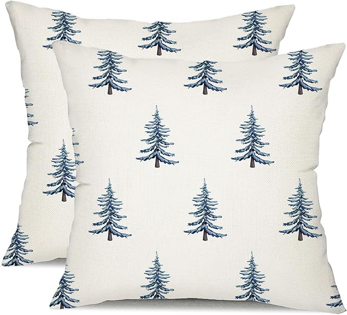 DFXSZ Christmas Pillow Covers 18x18 inch Set of 2 Winter Blue Christmas Tree Decorative White Thr... | Amazon (US)