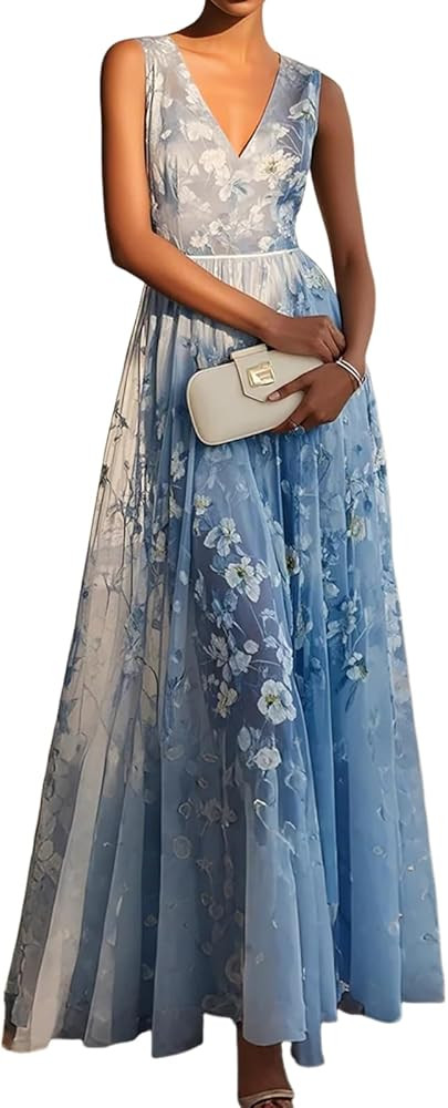 Women's Blue Floral Print V-Neck Sleeveless Slim Fit Pleated A-Line Maxi Dress Sheer Flowing Summ... | Amazon (US)