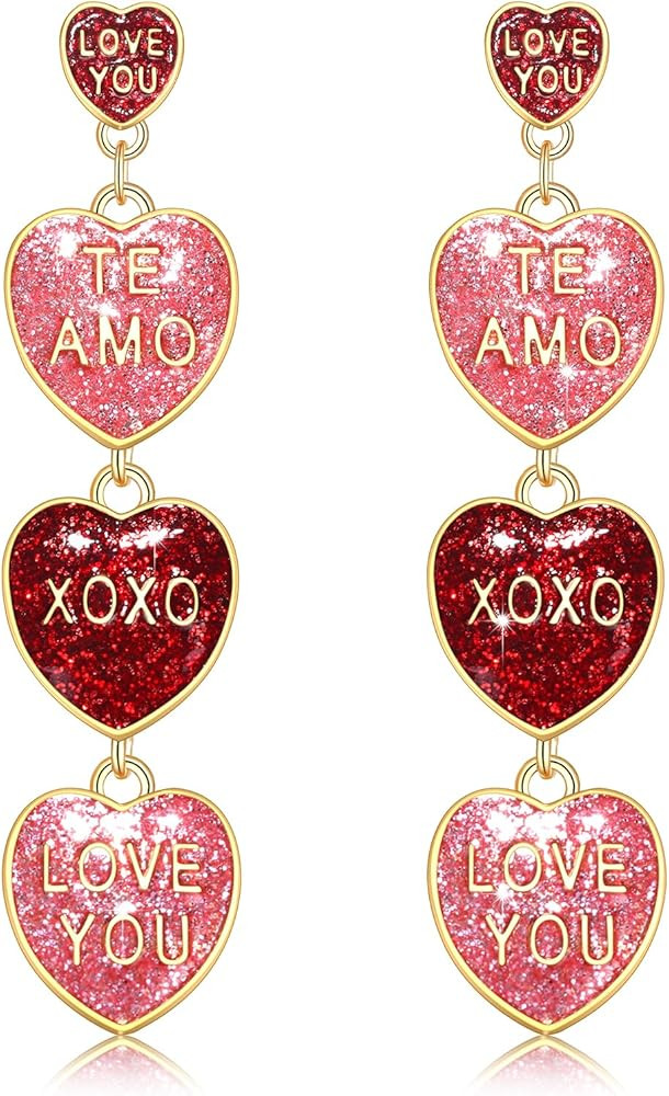 Valentine’s Day Earrings Beaded Heart Drop Earrings Edged in gold beading Fashion Trendy Big Lo... | Amazon (US)