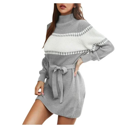 Yotyukeb Ladies Fashion Half High Neck Lantern Sleeve Color Block Knitted Sweater Dress Grey | Walmart (US)
