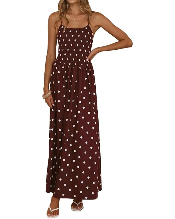 ABYOVRT Women Polka Dot Maxi Dress Smocked Spaghetti Strap Flowy Sundress Summer Beach Vacation | Amazon (US)