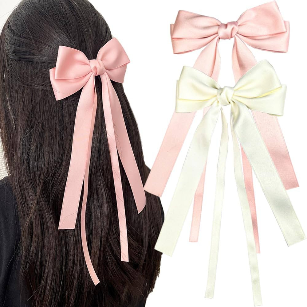 Hair Clip - 2 Count Pink Satin Hair Ribbon Bows with Long Tail for Women Girls - Cute Hair Access... | Amazon (US)