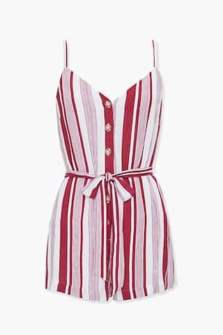 Forever 21 Belted Multicolor Striped Romper , Berry/cream | Forever 21 (US)