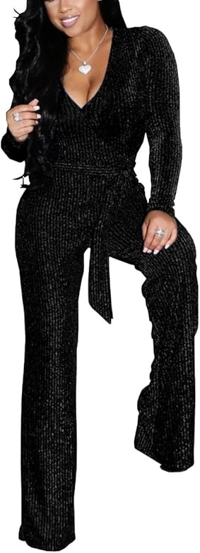 HannahZone Women's Sexy Sparkly Jumpsuits Clubwear Long Sleeve Elegant Party Rompers High Waisted... | Amazon (US)