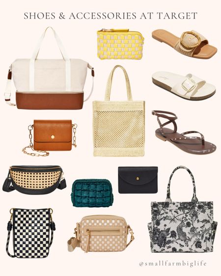 New women’s shoes and accessories at Target. Sandals. Summer. Brown stuffed thong sandals. Cream slide single band sandals. Buckle slide sandals. Jacquard boxy tote handbag. Yellow check small card case pouch. Canvas and cognac weekender bag. Natural crochet tote bag. Black accordion card case. Cognac with gold chain card case. Straw detail belt crossbody bag. Black and white check phone crossbody bag. Tan and cream check camera crossbody bag. Teal quilted zip around pouch  

#LTKFindsUnder50 #LTKItBag #LTKStyleTip