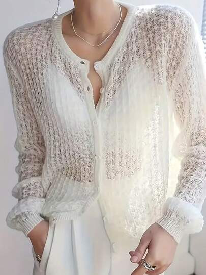 Women's White 3D Lace Cardigan | Sheer V-Neck Knit Sweater | Elegant New Year Summer Everyday Fashion Jacket Spring | SHEIN