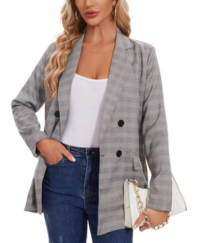 MINTLIMIT Retro Double Breasted Long Sleeves Boyfriend Blazers for Women Notch Lapel Plaid Blazer Jackets with Pockets (Grey, Size 2XL) | Amazon (US)