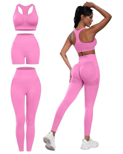 SALSPOR 3 Piece Workout Sets for Women Butt Lifting Leggings with High Impact Sports Bra Gym Shorts(3DWX-Apple Powder-L) | Amazon (US)