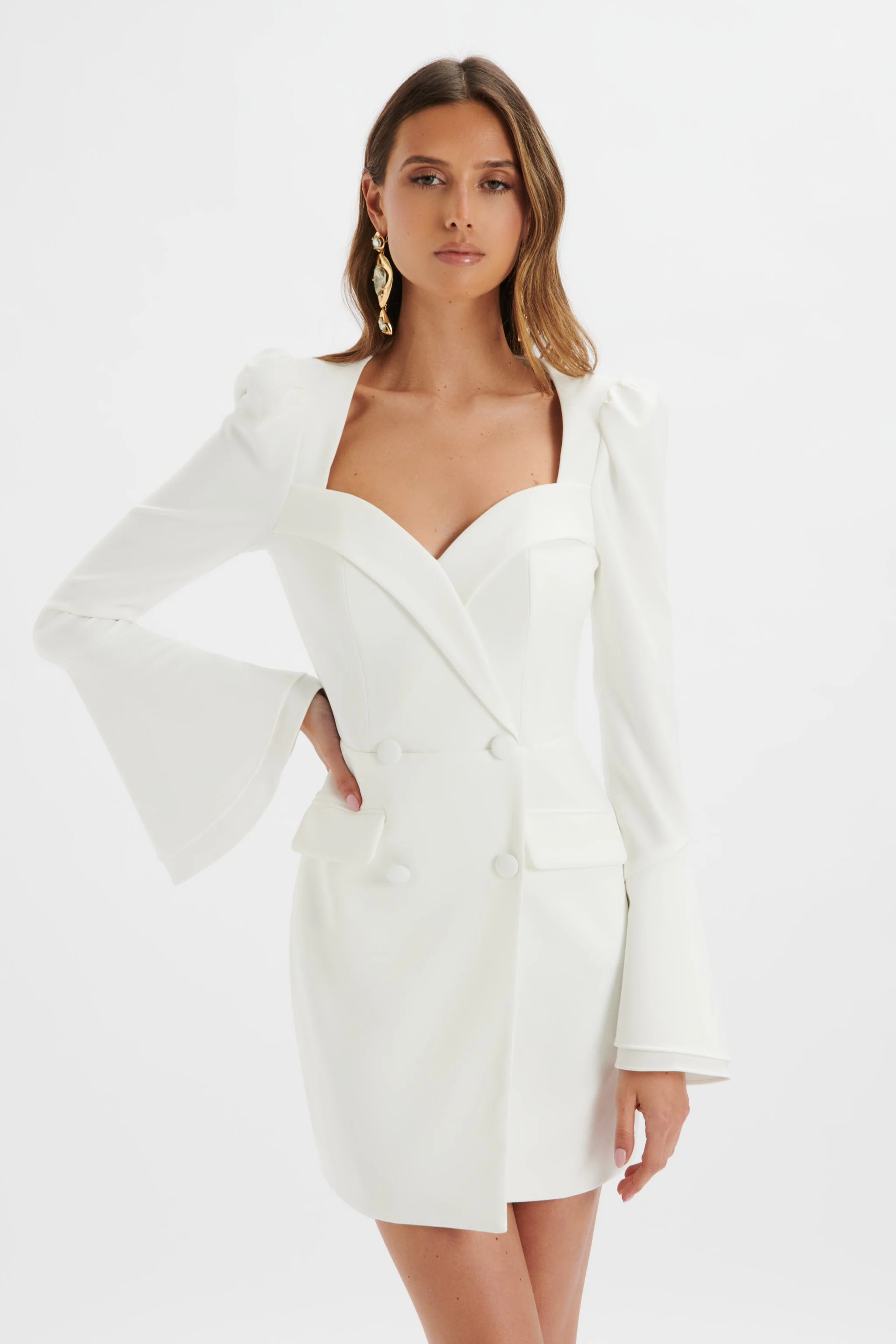 REBECCAH Flared Sleeve Blazer Mini Dress In White | Lavish Alice Retail Ltd