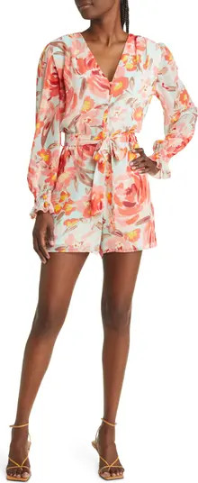 Fraiche by J Sarah Floral Long Sleeve Tie Waist Romper | Nordstrom | Nordstrom