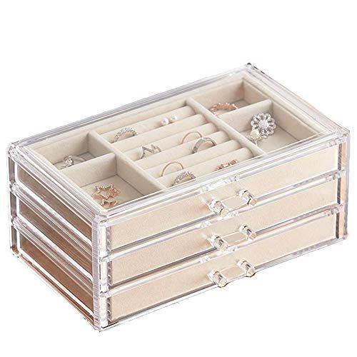 HerFav Acrylic Jewelry Organizer Box with 3 Drawers, Clear Jewelry Boxes for Women Earring Rings Ban | Amazon (US)