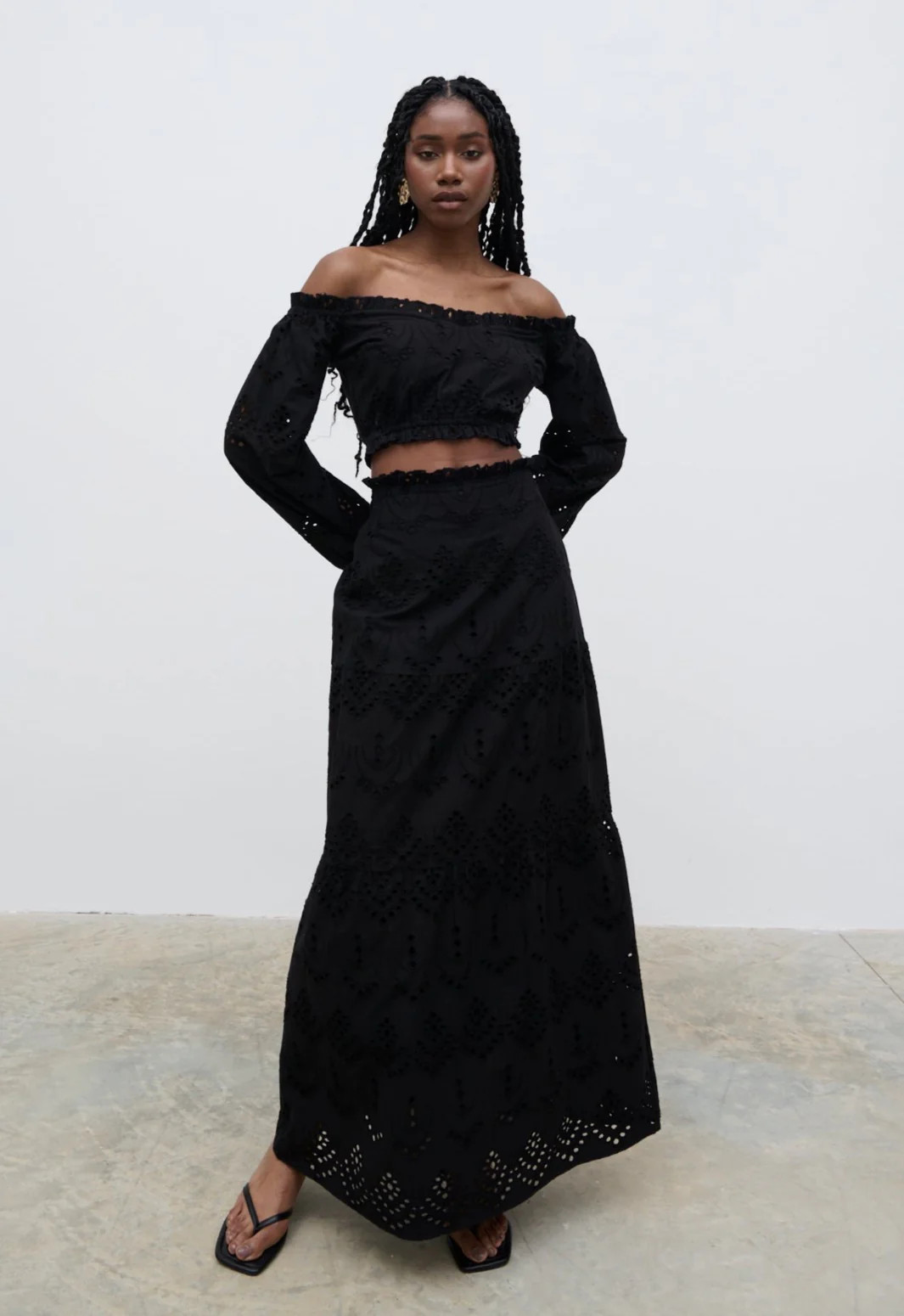 Lilla Broderie Maxi Skirt - Black | Pretty Lavish (UK)