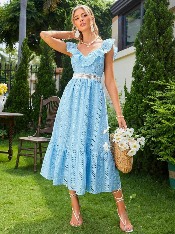 Simplee Women's Solid Color Ruffle Collar Embroidered Burnout Dress | SHEIN