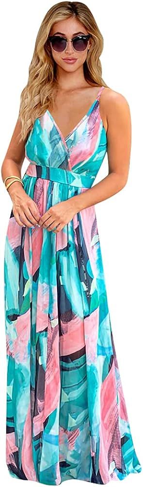Women Bohemian Floral Printed Wrap Sleeveless V Neck Spaghetti Strap Dress Casual Beach Party Boh... | Amazon (US)