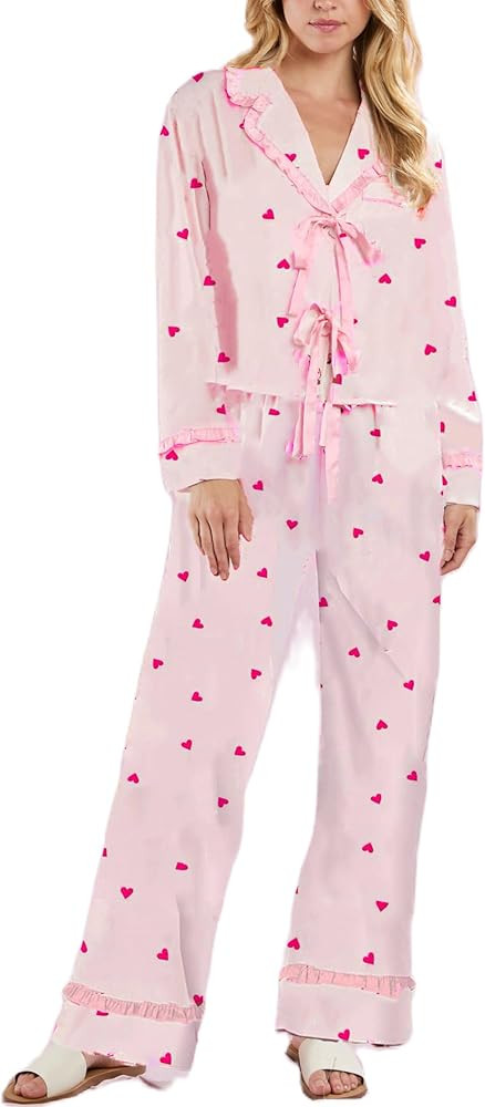 Yiulangde Womens Satin Silk Bow Tie Pajamas Cute Holiday Pjs Set Y2k Ribbon Sleeve Pajama Shirt R... | Amazon (US)