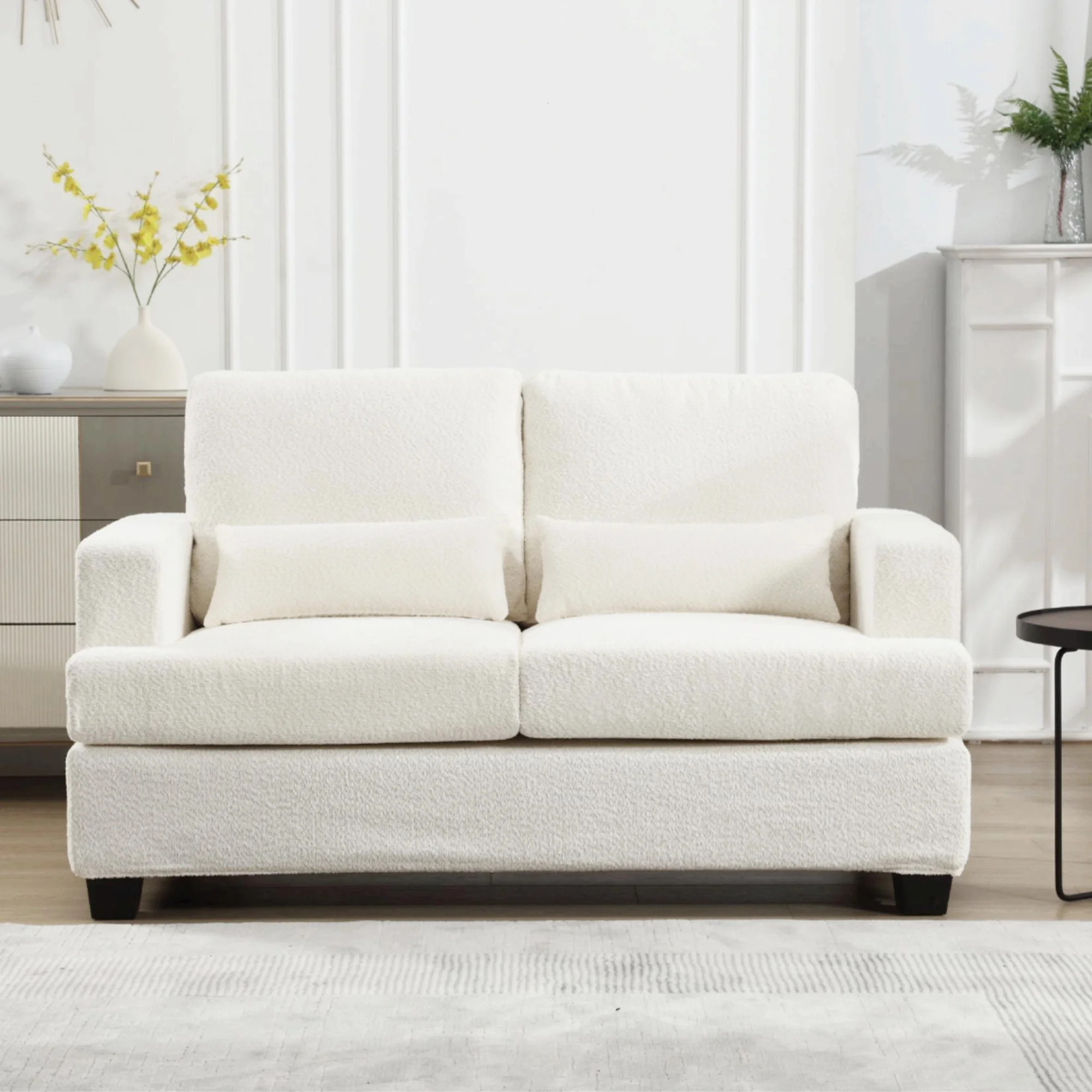 Muumblus 63" Boucle Modern Living Room Upholstered 2 Seat Loveseat Sofa Waist Pillows, White | Walmart (US)