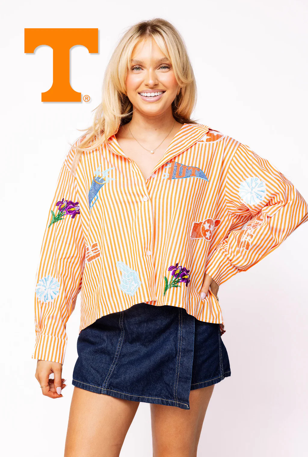 Licensed Tennessee Mini Icon Striped Button Down Long Sleeve Top | Queen of Sparkles