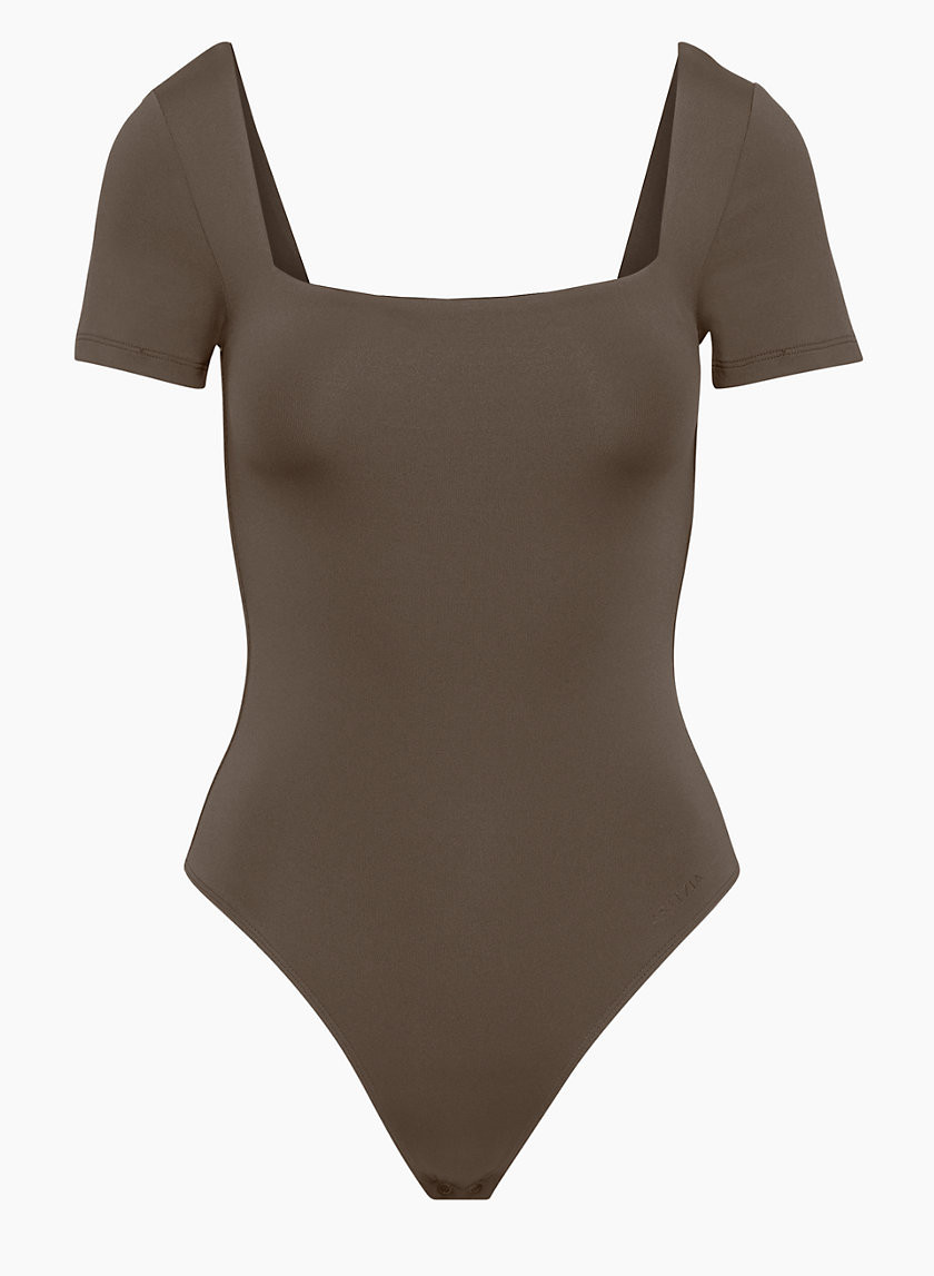 Contour Squareneck Shortsleeve Bodysuit in Ric Heather Mocha Brown | XS | Aritzia