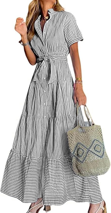 utcoco Womens Casual Short Sleeve Button Down Tie Waist Ruffled Striped Maxi Shirt Dress | Amazon (US)