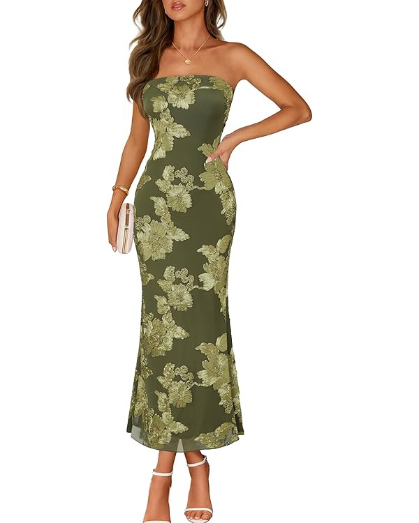 MEROKEETY Women's Floral Strapless Maxi Dress 2026 Summer Mesh Tube Bodycon Formal Wedding Guest ... | Amazon (US)